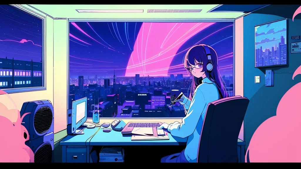 (from behind), Anime girl sitting in front of a computer in a cozy bedroom, Girl listening to music while studying in a cozy room (night), Using headphones, on the roof, (beautiful night views from windows), lots of things, 2D anime style, The aesthetics of anime in the 90s, lo-fi, long hair, very detailed, Hard disk, A mix of anime style and Fujifilm, surreal, 8K, masterpiece, violet eyes,black gloves, round glasses, long sleeves,violet hair, round glasses, Flat Chest, smile, pantyhose