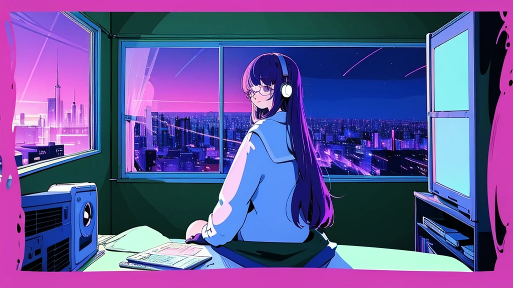 (from behind), Anime girl sitting in front of a computer in a cozy bedroom, Girl listening to music while studying in a cozy room (night), Using headphones, on the roof, (beautiful night views from windows), lots of things, 2D anime style, The aesthetics of anime in the 90s, lo-fi, long hair, very detailed, Hard disk, A mix of anime style and Fujifilm, surreal, 8K, masterpiece, violet eyes,black gloves, round glasses, long sleeves,violet hair, round glasses, Flat Chest, smile, pantyhose