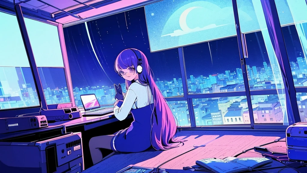 (from behind), Anime girl sitting in front of a computer in a cozy bedroom, Girl listening to music while studying in a cozy room (night), Using headphones, on the roof, (beautiful night views from windows), lots of things, 2D anime style, The aesthetics of anime in the 90s, lo-fi, long hair, very detailed, Hard disk, A mix of anime style and Fujifilm, surreal, 8K, masterpiece, violet eyes,black gloves, round glasses, long sleeves,violet hair, round glasses, Flat Chest, smile, pantyhose