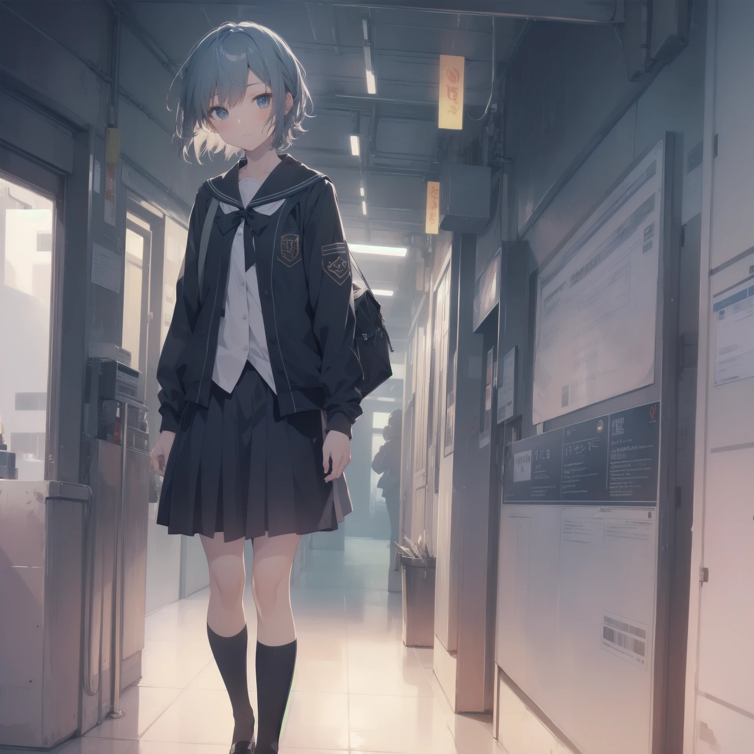 ultra-absurdres-Top quality by artist God, ultra-detailed, high resolution, anime moe artstyle, best anime 8k konachan wallpaper, pixiv contest winner, pool:2810, perfect anatomy,break, 1girl, (Please draw a girl walking sleepily to school alone. )break,(Solo,little female, 13-year-old:1.3),Full limbs, complete fingers,a junior high school student, (very short hair), short cut, flat chest, , small butt, small black eyes, beautiful detailed eyes, well-proportioned iris and pupils, expressive eyes, highres detailed hair, soft expression, salor school_uniform, sailor collar, serahuku, bow, pleated skirt,(Detailed Lighting), (Detailed background), in the School commute route. break,super detailed skin, Best cinematic lighting powered by famous artist, 8k,beauty illustration,photoshop_(medium),very aesthetic,break,((artist:mochi_au_lait )), artist:clamp ,artist:carnelian ,artist:kantoku ,