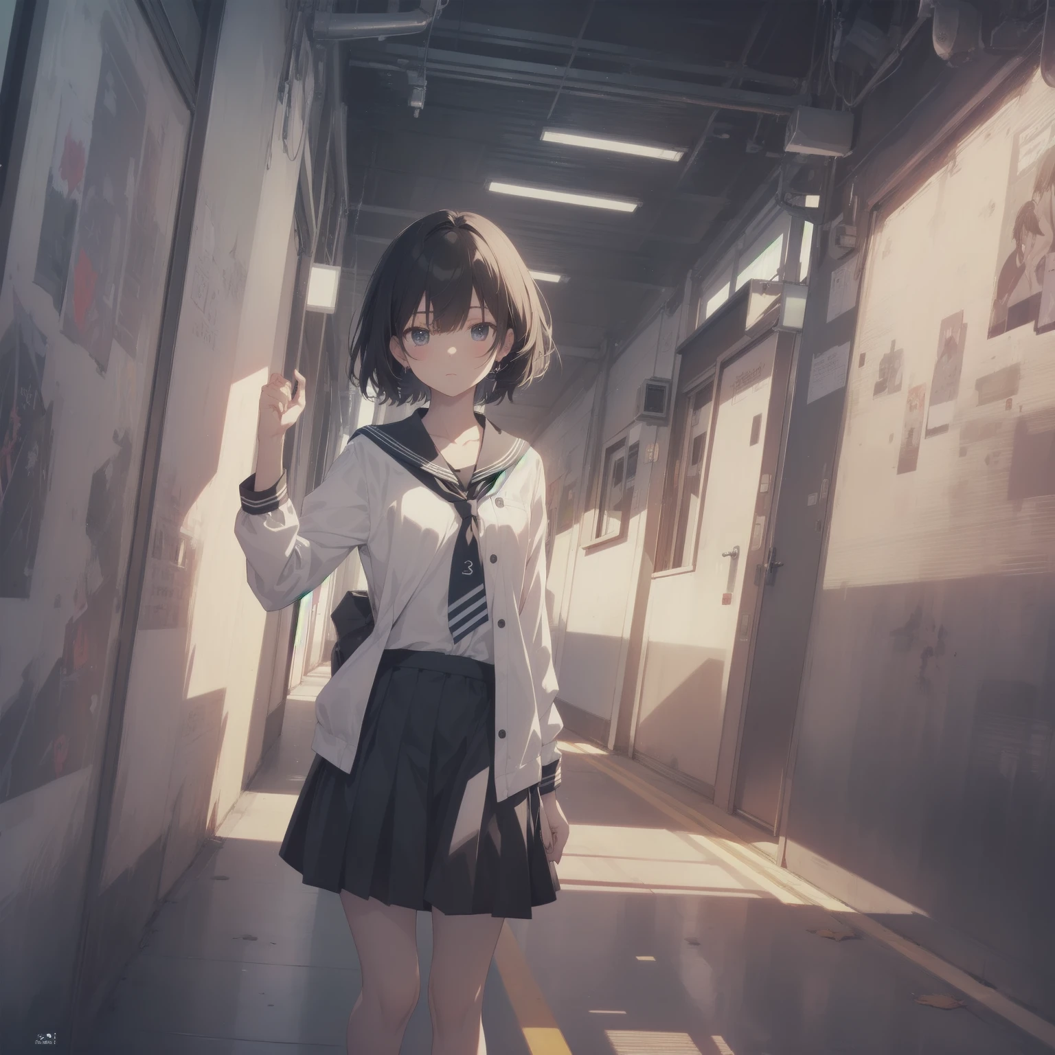 ultra-absurdres-Top quality by artist God, ultra-detailed, high resolution, anime moe artstyle, best anime 8k konachan wallpaper, pixiv contest winner, pool:2810, perfect anatomy,break, 1girl, (Please draw a girl walking sleepily to school alone. )break,(Solo,little female, 13-year-old:1.3),Full limbs, complete fingers,a junior high school student, (very short hair), short cut, flat chest, , small butt, small black eyes, beautiful detailed eyes, well-proportioned iris and pupils, expressive eyes, highres detailed hair, soft expression, salor school_uniform, sailor collar, serahuku, bow, pleated skirt,(Detailed Lighting), (Detailed background), in the School commute route. break,super detailed skin, Best cinematic lighting powered by famous artist, 8k,beauty illustration,photoshop_(medium),very aesthetic,break,((artist:mochi_au_lait )), artist:clamp ,artist:carnelian ,artist:kantoku ,