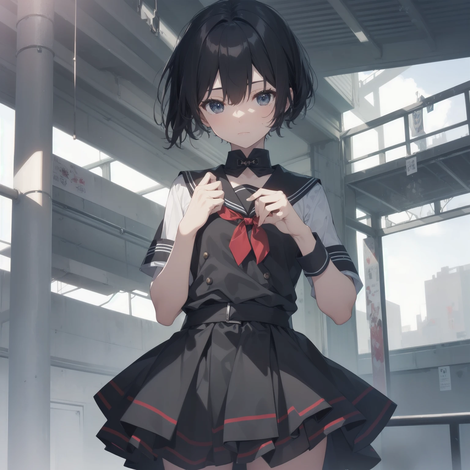 ultra-absurdres-Top quality by artist God, ultra-detailed, high resolution, anime moe artstyle, best anime 8k konachan wallpaper, pixiv contest winner, pool:2810, perfect anatomy,break, 1girl, (Please draw a girl walking sleepily to school alone. )break,(Solo,little female, 13-year-old:1.3),Full limbs, complete fingers,a junior high school student, (very short hair), short cut, flat chest, , small butt, small black eyes, beautiful detailed eyes, well-proportioned iris and pupils, expressive eyes, highres detailed hair, soft expression, salor school_uniform, sailor collar, serahuku, bow, pleated skirt,(Detailed Lighting), (Detailed background), in the School commute route. break,super detailed skin, Best cinematic lighting powered by famous artist, 8k,beauty illustration,photoshop_(medium),very aesthetic,break,((artist:mochi_au_lait )), artist:clamp ,artist:carnelian ,artist:kantoku ,