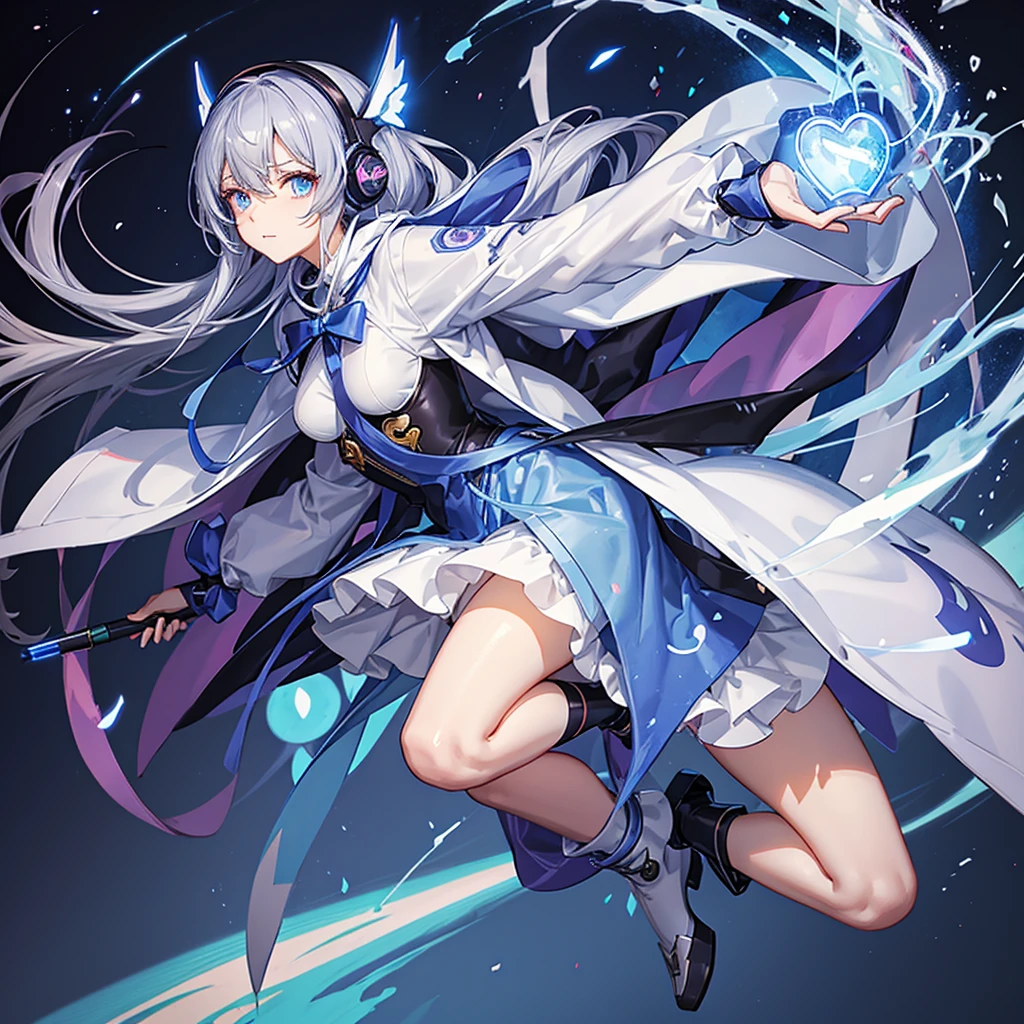 masutepiece、top-quality、Anime Magical Girl、Eyes are blue:75CBCD、Hair is gray、Inner Hair Gradient Blue、cyberpunked、Cute heart-shaped magic wand、cloak with hood、Headset glowing in fluorescent blue、Cyberpunk even though it's an idol's clothes、Long boots in white、Pouch at waist、Simple backgrounds、CharacterDesignSheet、full body Esbian、Draw from head to toe、