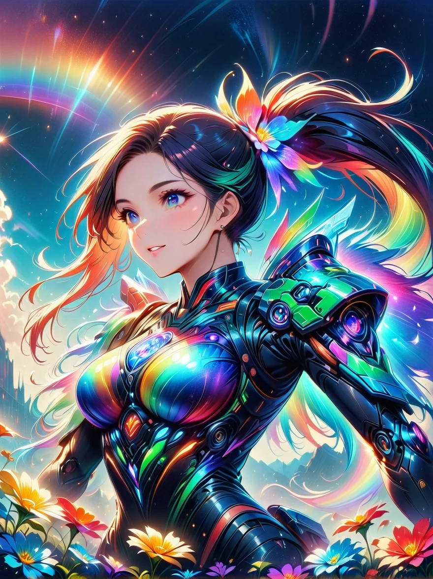 Gradient colorful glass，(机甲仙子在Rainbow colored flower meadow上rest:1.6)，whole body，Exquisite beauty（Super Fine，masterpiece，Best quality：1.4），Female mecha fairy，Dynamic Angle，best detail face（Most detailed，masterpiece，Best quality：1.5），Ultra-feminine（Most detailed，masterpiece，Best quality），Red Hair，Long hair，(Double ponytail:1.8)，Dynamic eye contact，(Wearing mecha:1.4)，rest, (Rainbow colored flower meadow:1.6)，Full Color，(Perfect spectrum:1.3)，(Vibrant work:1.4), Vibrant red，orange color，green，blue，indigo，Purple Sunlight，Sun rise，High Detail，Fantasy Art，RPG艺术Best quality，8K，whole body，Ultra wide-angle lens，realism，Mecha Girl，Anatomically correct，Textured Skin，High Detail，8K