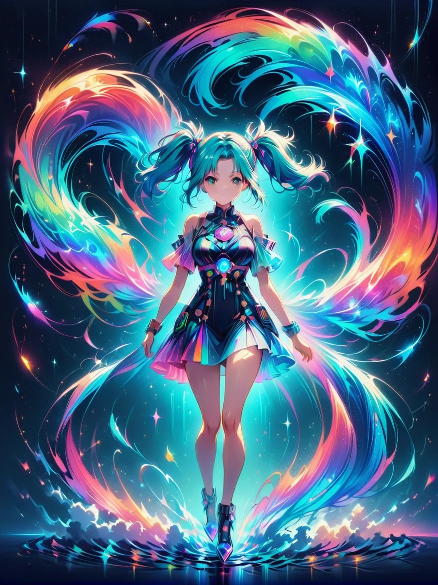 (A young woman with cyan hair in double ponytails:1.5)，Wearing a futuristic outfit，Consists of an electronic-themed dress，(She was wearing transparent high heels made of electronic elements.:1.3)，Her headband consists of a square-shaped emblem.，Hanging ribbons，The color palette includes cyan，black and white，The overall tone is colorful and vibrant，(Full body shot:1.5)，(Vision:1.5)