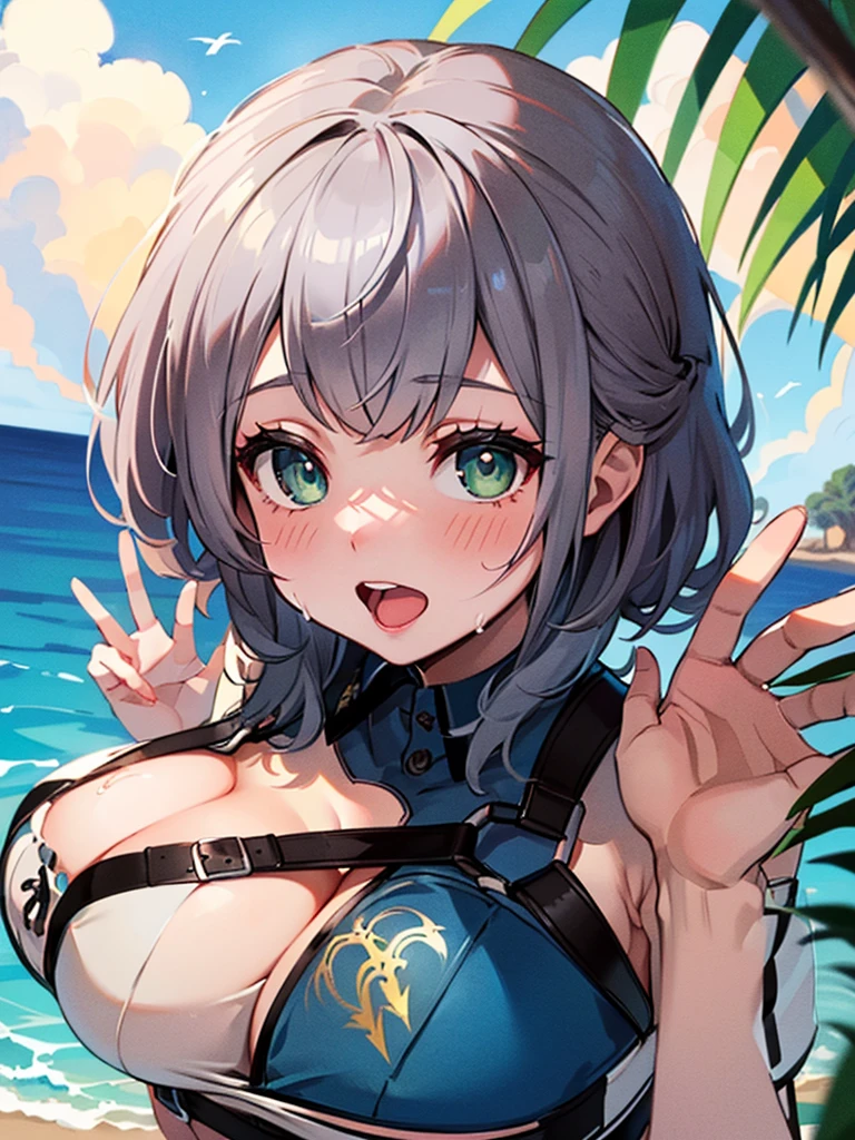 (masterpiece, Highest quality, Super detailed),One girl,((super fine illustration)),((cute eyes,highly detailed skin)),((well endowed,Blessed,Captivating body、Detailed Background))、(sun、vacation、Tropical、With the sea in the background)、(glossy skin:1.2)、(sweat, blush, narrow eyes, open mouth), (pov hands:1.5), (face full of joy:1.3), (比基尼:1.3),sideboob、(Waving gesture:1.3)