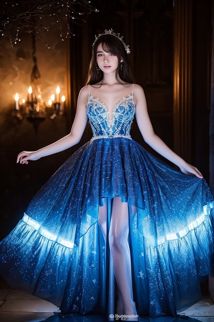 create A beautiful glowing dress inspired by the night sky, with intricate patterns of stars and constellations. The dress is illuminated with blue and white LED lights, creating a magical, ethereal effect. It has a flowing, elegant design with a lot of layers of sheer fabric and sparkling details. The dress is worn by a model who stands gracefully, with a background of the castle and a dark ambiance to highlight the luminous effect of the dress.