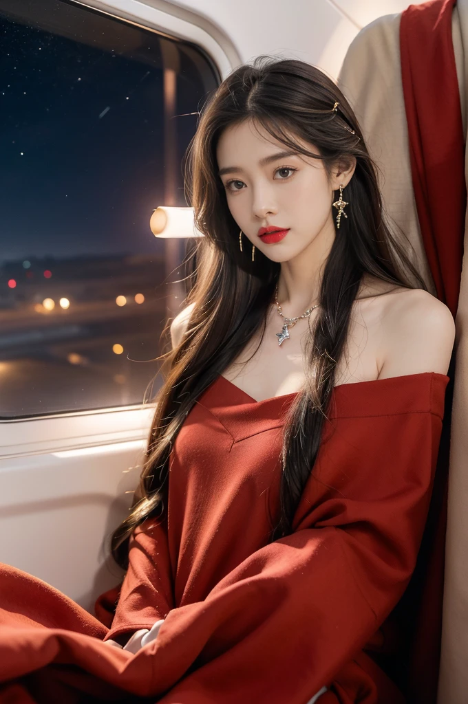 (((best quality))),(((ultra detailed))),(((masterpiece))),illustration,(a beautiful girl,female passenger,solo),(parted red lips),((slim,thin,small breasts,flat chest)),((earrings,crystal necklace)),(slender legs:1.2),(spread legs apart:1.3),summer night,((in airplane,economy class,indoor)),(blanket over shoulders:1.3),((dress)),(shoulder length straight bob hair:1.2),stars,moonlight,smooth flight,engine sound,lullaby,relaxed,excited,laughing,visiting family,comfortable seats,soft fabric,headrests,adjustable,beauty of night sky,dimmed lights,sleeping passengers,movies,personal screens,staying awake,magic of sky,joy of being with family,memorable journey,adventures,(surrounded by crowded crowds:1.3),(Outside the window is high-altitude night view:1.2),((from front,upper body))