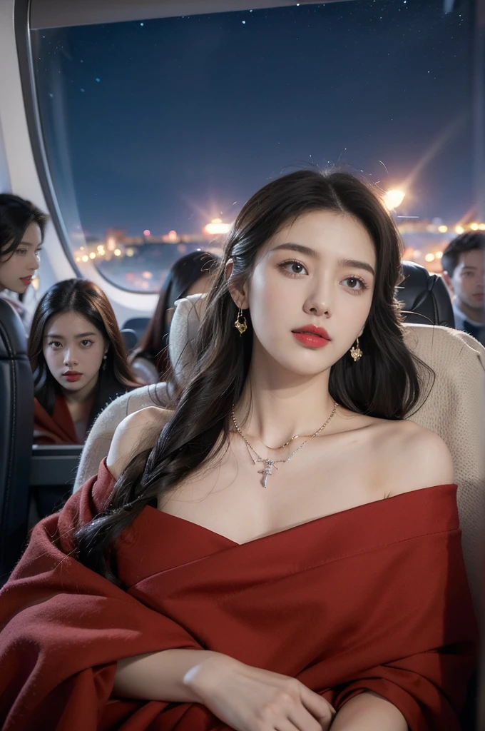 (((best quality))),(((ultra detailed))),(((masterpiece))),illustration,(a beautiful girl,female passenger,solo),(parted red lips),((slim,thin,small breasts,flat chest)),((earrings,crystal necklace)),(slender legs:1.2),(spread legs apart:1.3),summer night,((in airplane,economy class,indoor)),(blanket over shoulders:1.3),((dress)),(shoulder length straight bob hair:1.2),stars,moonlight,smooth flight,engine sound,lullaby,relaxed,excited,laughing,visiting family,comfortable seats,soft fabric,headrests,adjustable,beauty of night sky,dimmed lights,sleeping passengers,movies,personal screens,staying awake,magic of sky,joy of being with family,memorable journey,adventures,(surrounded by crowded crowds:1.3),(Outside the window is high-altitude night view:1.2),((from front,upper body))