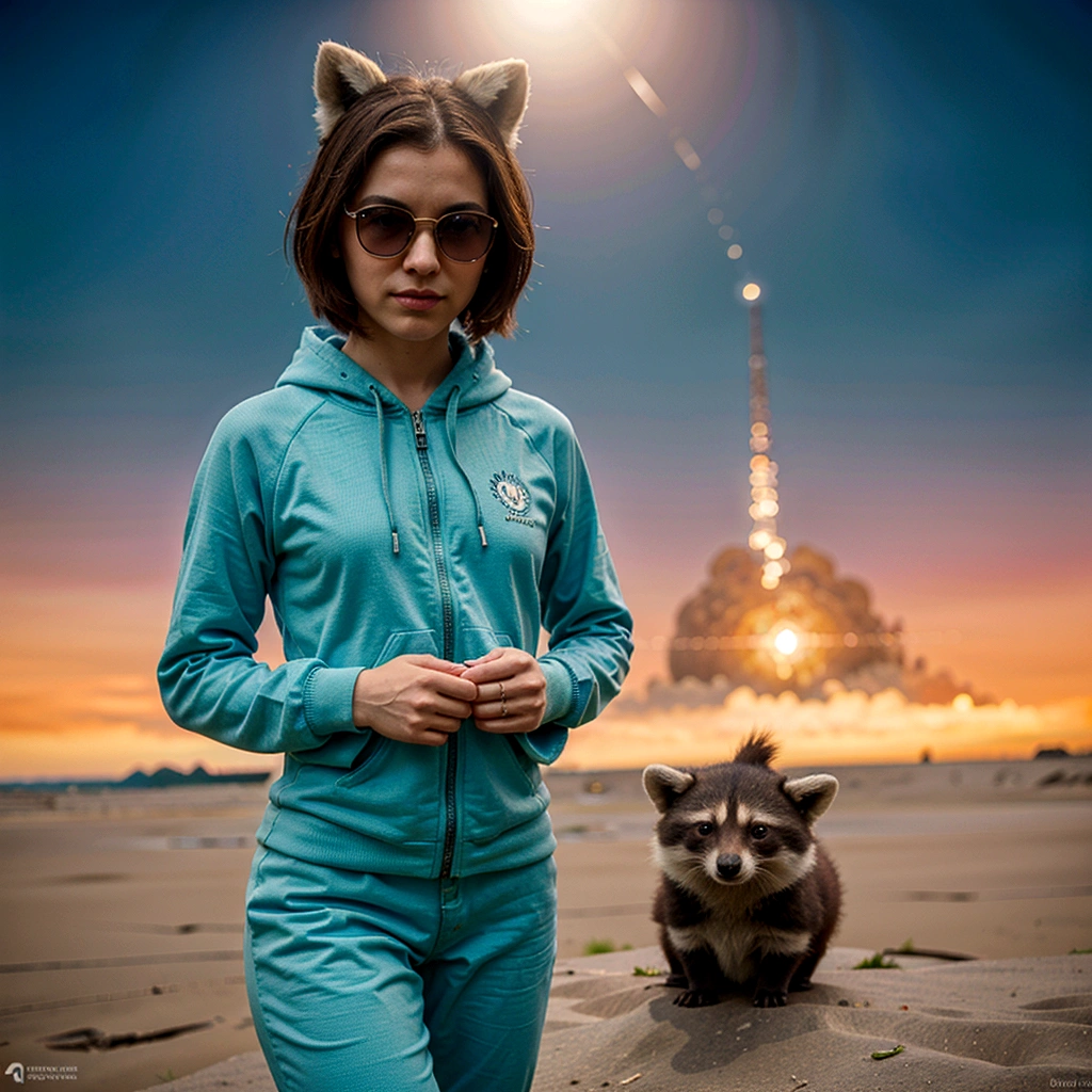 Adorable racoon in Pixar movie style, usando um capuz, cinematic lighthing, Depth detection, hiper detalhada, qualidade 8k. One hand crossed the hundred，parte superior do corpo  macho, melhor qualidade, human-like body figure), looking at the viewer in green hoodie and sunglasses holding the cell phone, raposa, imagem do avatar, com roupa futurista, CGSetnação ),gostar, arte profissional, CGsociety - W 1 0 2 4 - N 8 - I,The name is Kan, his name is Kan