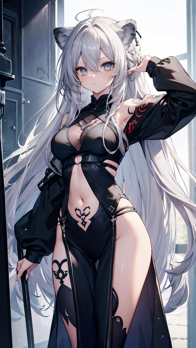 High resolution、Girl、Silver Hair、Long Hair,(),Lion ears、Grey Eyes、Slender、Toned body、hunter,,Tattoo,