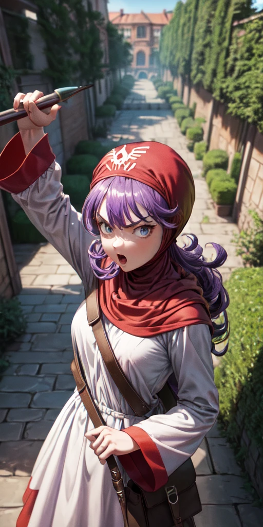 masterpiece, best quality, 4k, 8k, dqPom, red hood, purple hair, robe, cowboy shot, standing, holding staff, sky, garden, looking at viewer, from above, angry 