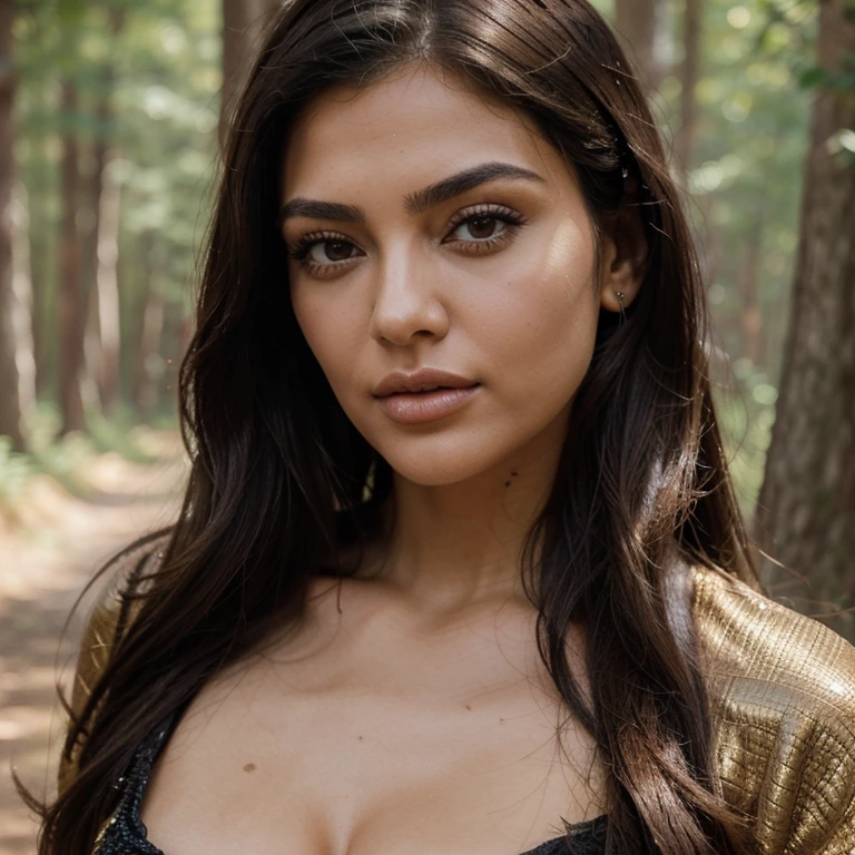 Close up of attractive Lebanese egirl woman in designer clothes with other people, Visage Kardashian, à la peau marron clair, OF course, sans maquillage, natural imperFections, Brown eyes, black har, dans une foret, Poser, taken with a Canon EOS R camera with 50 mm f/1.8 lenses, F/2.2 ouvertures, speed of'shutter 1/200s, ISO 100 and natural light, Full entire body, Realistic photography, hyperdetail, ultrahd, Correction de couleur, ultrahd, hdr, Correction de couleur