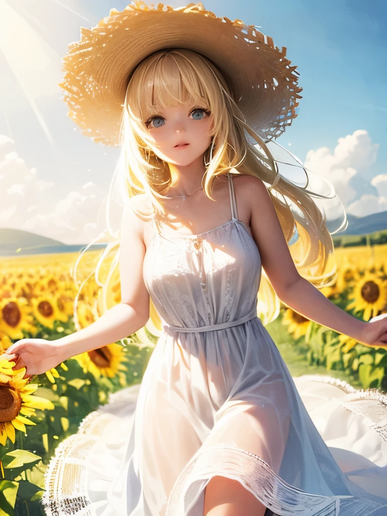 One girl,alone, (White lace dress:1.2),loose fitting dress (Big straw hat:1.2), Sunflower field, Under the sunlight, A light smile,View your viewers, Wind, dynamic, Strong light and shadow,dynamic pose,