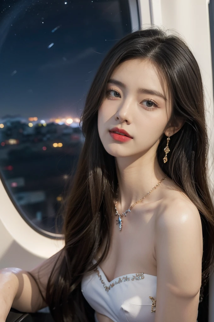 (((best quality))),(((ultra detailed))),(((masterpiece))),illustration,(a beautiful girl,female passenger,solo),(parted red lips),((slim,thin,small breasts,flat chest)),((earrings,crystal necklace)),summer night,((in airplane,economy class,indoor)),((strapless bra)),(shoulder length straight bob hair:1.2),stars,moonlight,smooth flight,engine sound,lullaby,relaxed,excited,laughing,visiting family,comfortable seats,soft fabric,headrests,adjustable,beauty of night sky,dimmed lights,sleeping passengers,movies,personal screens,staying awake,magic of sky,joy of being with family,memorable journey,adventures,(surrounded by crowded crowds:1.3),(Outside the window is high-altitude night view:1.2),((from front,close-up of face))