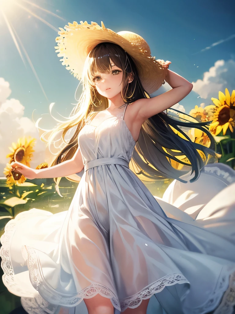 One girl,alone, (White lace dress:1.2),loose fitting dress (Big straw hat:1.2), Sunflower field, Under the sunlight, A light smile,View your viewers, Wind, dynamic, Strong light and shadow,dynamic pose,