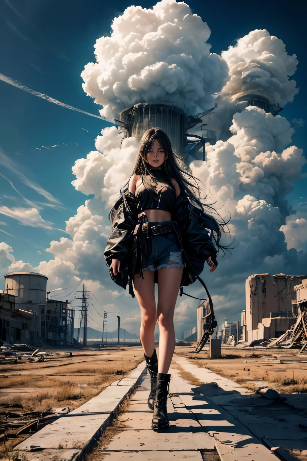 "oil, ((Resilient)) Girl standing in the ruins of nuclear waste, A delicate flower emerges from the desolate landscape々, Ominous clouds cast a shadow, ((Unforgettable beauty)), Apocalyptic masterpiece"