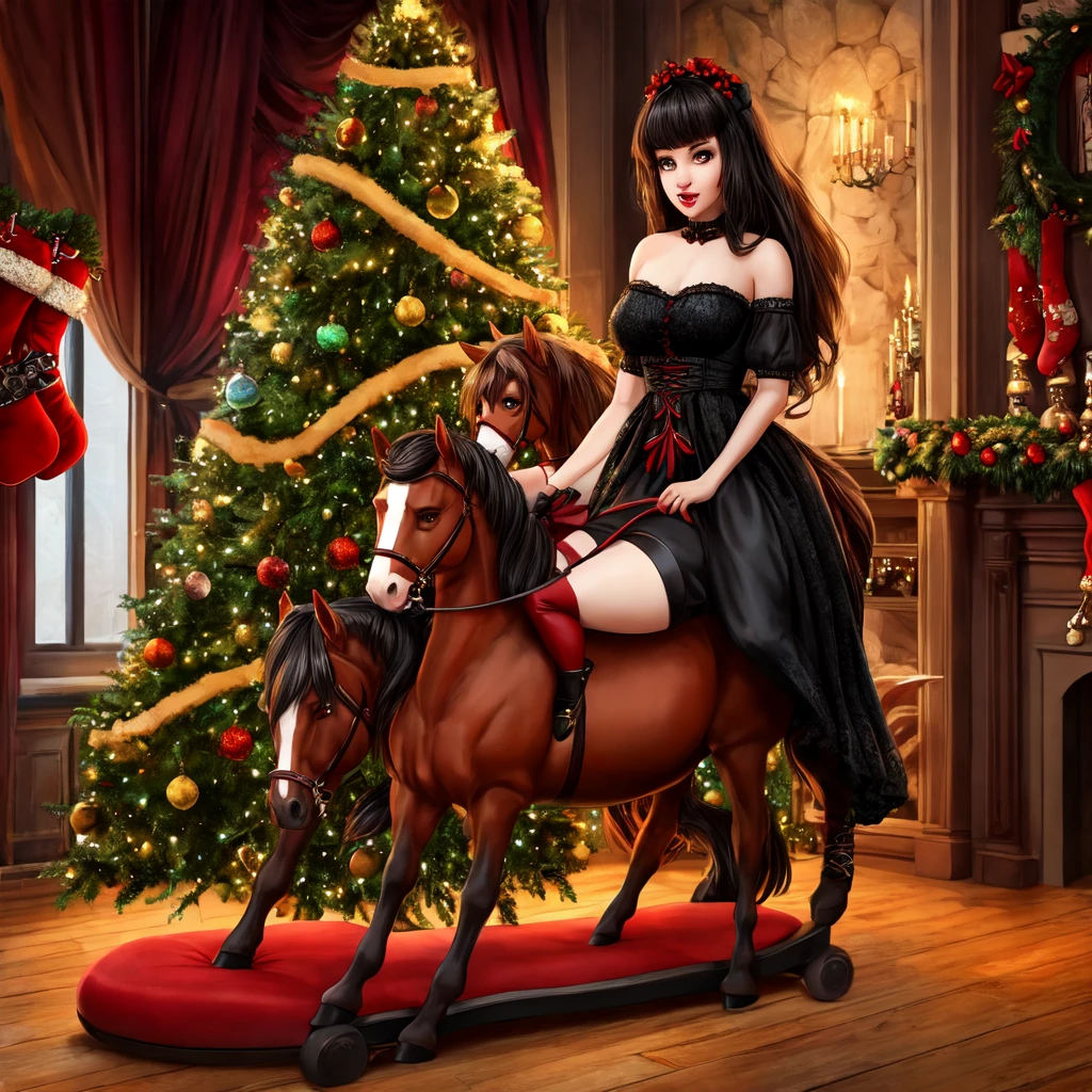 Create a girl on a rocking horse under a Christmas tree in gothic style