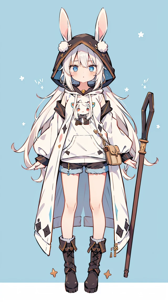 (masterpiece), Best quality, Fantasy art, 1 girl, a girl firing her long , White hair, long волосы, wicked, bunny ears, black open hooded sweatshirt with bunny ears, boots, hood with bunny ears, Clear face, white T-shirt under coat, shorts, open forehead without bangs