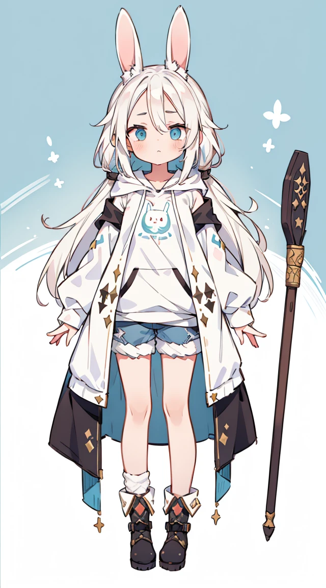 (masterpiece), Best quality, Fantasy art, 1 girl, a girl firing her long , White hair, long волосы, wicked, bunny ears, black open hooded sweatshirt with bunny ears, boots, hood with bunny ears, Clear face, white T-shirt under coat, shorts, open forehead without bangs