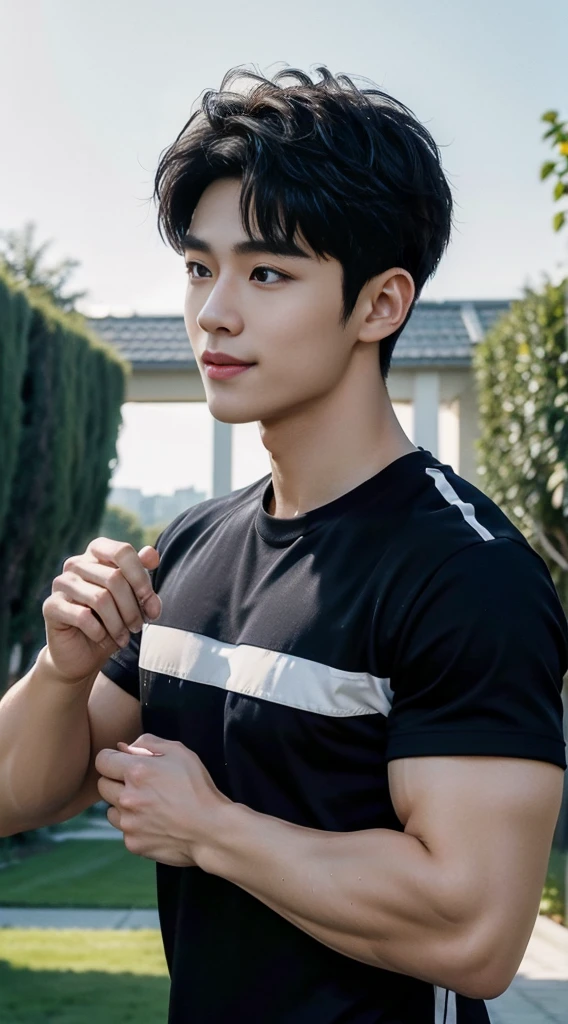 (As a matter of fact, Masterpiece, 8k HD, good light quality, sportswear, fit the face, complicated details), A handsome, muscular young Korean man. , 20 years old, be happy, smile brightly, detailed face, delicate eyes, มองดูsky, Wear a navy tight T-shirt.:1.6, period, black eyes, Black hair color, ผมsmooth, smooth, outdoor sports, Along the garden, Sunny,sky,Surreal,Awesome details,Highest quality,real,Open your mouth to talk.