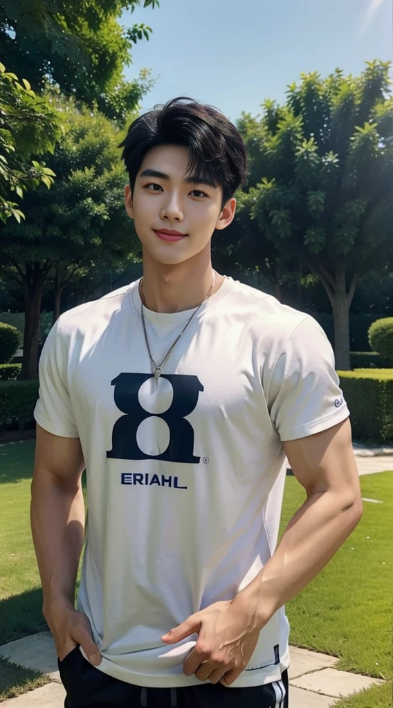 (As a matter of fact, Masterpiece, 8k HD, good light quality, sportswear, fit the face, complicated details), A handsome, muscular young Korean man. , 20 years old, be happy, smile brightly, detailed face, delicate eyes, มองดูsky, Wear a navy tight T-shirt.:1.6, period, black eyes, Black hair color, ผมsmooth, smooth, outdoor sports, Along the garden, Sunny,sky,Surreal,Awesome details,Highest quality,real,Open your mouth to talk.