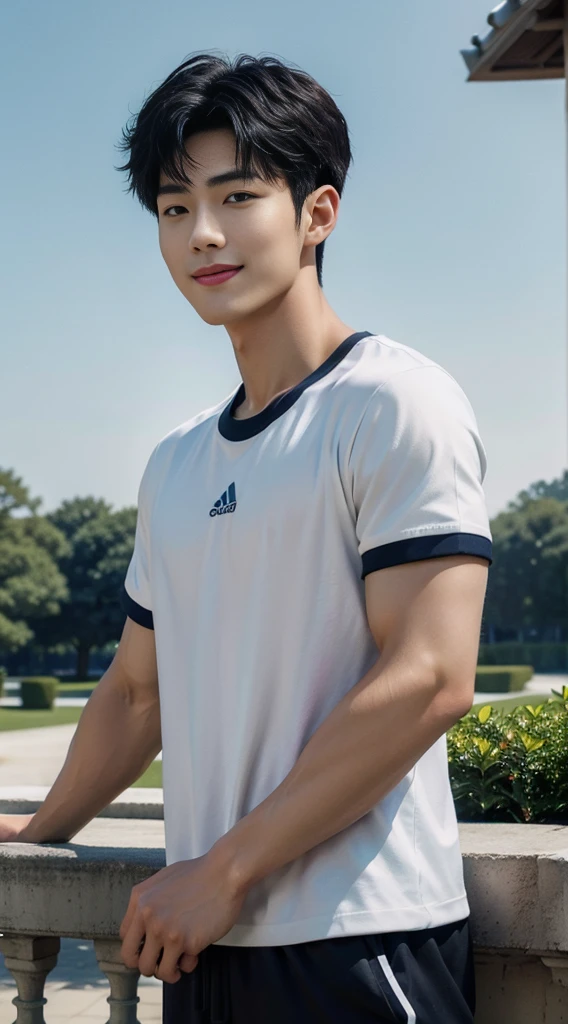 (As a matter of fact, Masterpiece, 8k HD, good light quality, sportswear, fit the face, complicated details), A handsome, muscular young Korean man. , 20 years old, be happy, smile brightly, detailed face, delicate eyes, มองดูsky, Wear a navy tight T-shirt.:1.6, period, black eyes, Black hair color, ผมsmooth, smooth, outdoor sports, Along the garden, Sunny,sky，Surreal，Awesome details，Highest quality，real，Open your mouth to talk.