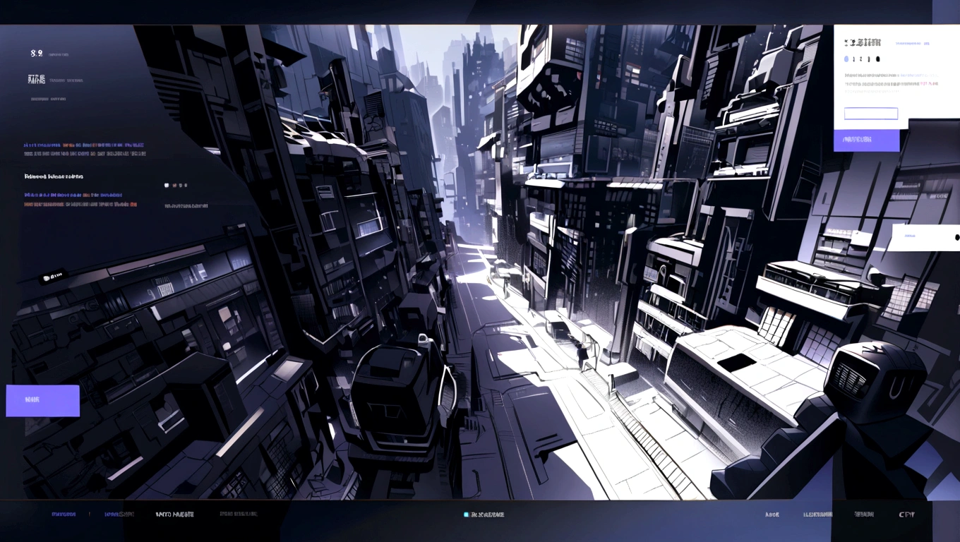 dark blue and other contrast color hero page ui ux theme website, contrast colors (mostly dark blue) theme, robotic city black and white silhouette