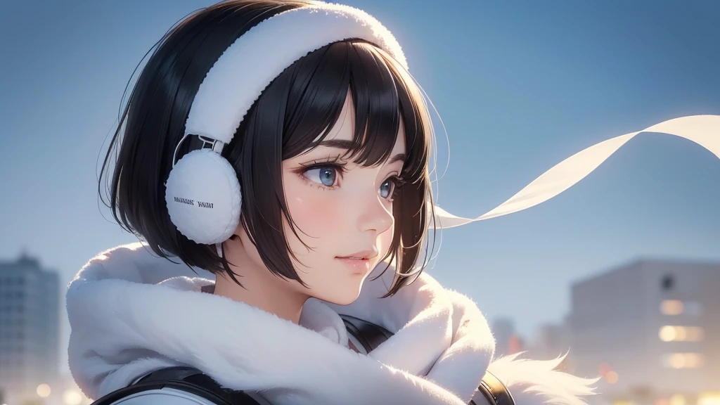 (8K, original photo, 最high quality, masterpiece: 1.2), High-resolution RAW color photos, Professional photo shoot, Cinematic light, , (((young woman, Gal))), (sharp features), (big eyes), (Small face), (Highly detailed skin: 1.2), cute face, beautiful appearance, Long eyelashes, (Black Hair, bob cut,Bangs), (slim:1.5), Very detailed顔と肌の質感, delicate eyes, Natural Makeup, White Coat, Earmuffs, Woman with mouth covered by fluffy white scarf, Hold the silencer with your hand, feeling of cold air, ((Upper body portrait)), Smile, staring eyes, beautiful skin, shiny skin, (((Profile of looking up at the sky:1.2, it'Snowing))), Perfect fingers, Five fingers, anatomically correct, Winter background, Background Scenery, high quality, Surrealism, bright colors, ((Very detailed, photo shoot)),
