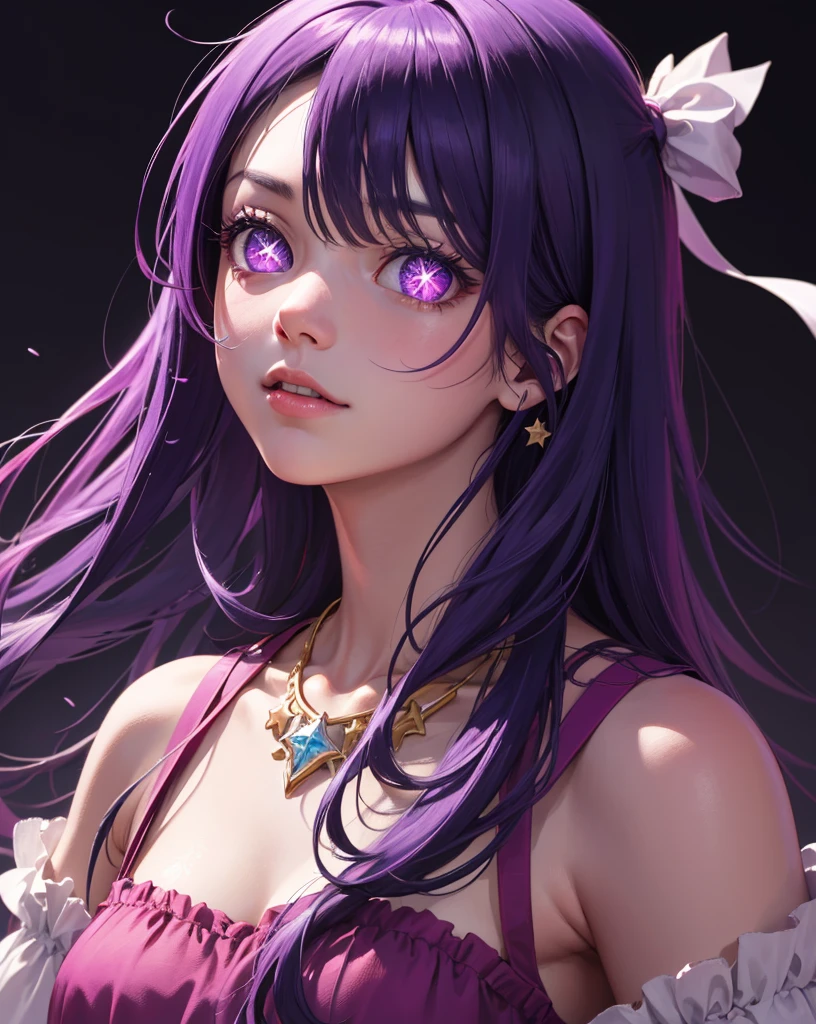 (highly detailed:1.3),upper body, 1girl, solo
Ai hoshino, pink gloves, jewellery, (star shaped eyes),(purple eyes:1.2), purple hair
Ultra-detail,(highres:1.1),best quality,(masterpiece:1.3),cinematic lighting,
(detailed face and eyes:1.3), concert stage background, full body covered in the image