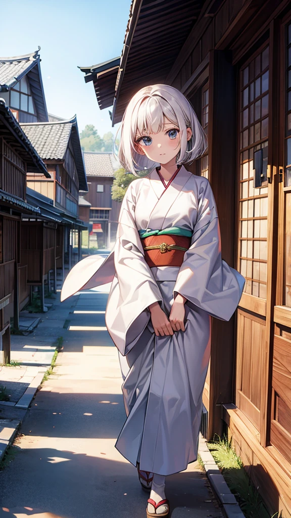 Youth, pearl, bob hair, kimono, wooden school building