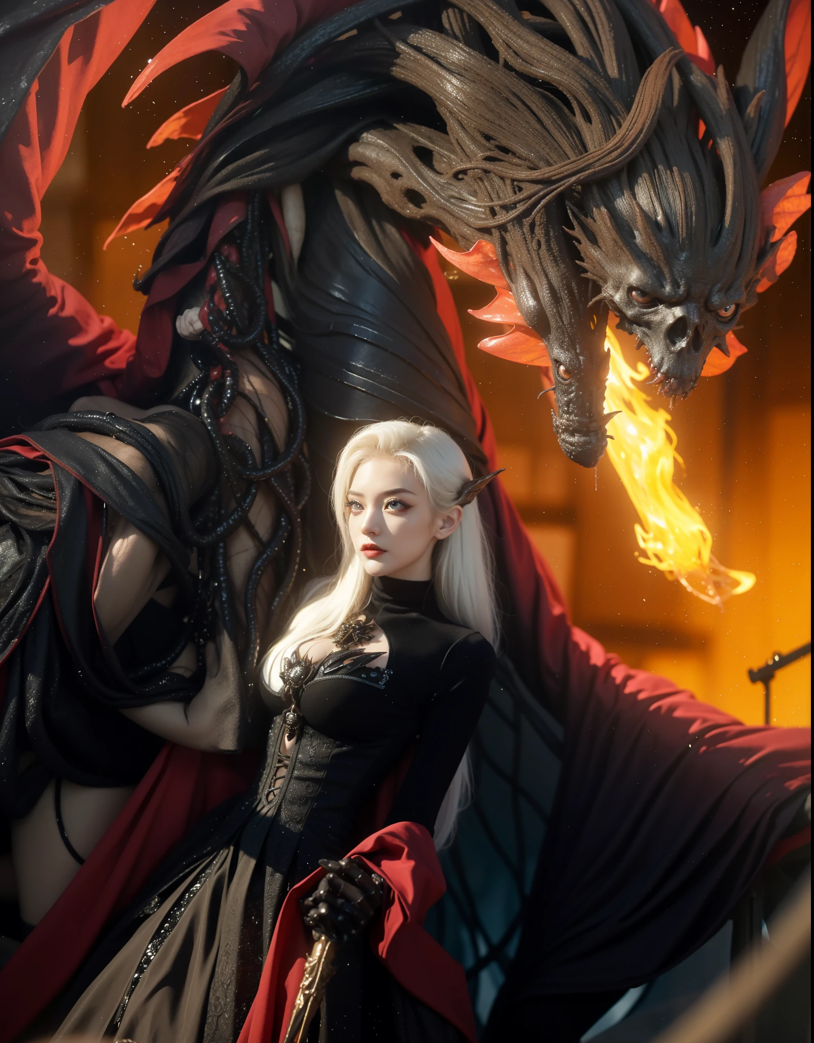 Detailed image quality，Pandora the Witch，wing, Succubus主题，堕落Angel，Excellent，scary，Secret Terror，Tentacles，With eyes，Uncanny Valley Effect，Beast Blood Moon，skeleton，vampire，Hellfire，Dark Queen，Angel，magician magic witch，16岁Angel，Eyes are blue(Pupils as deep as the starry sky)，Gorgeous tattoo designs all over the body，Succubus，Dark Queen，Gold Jewelry，Flame dragon