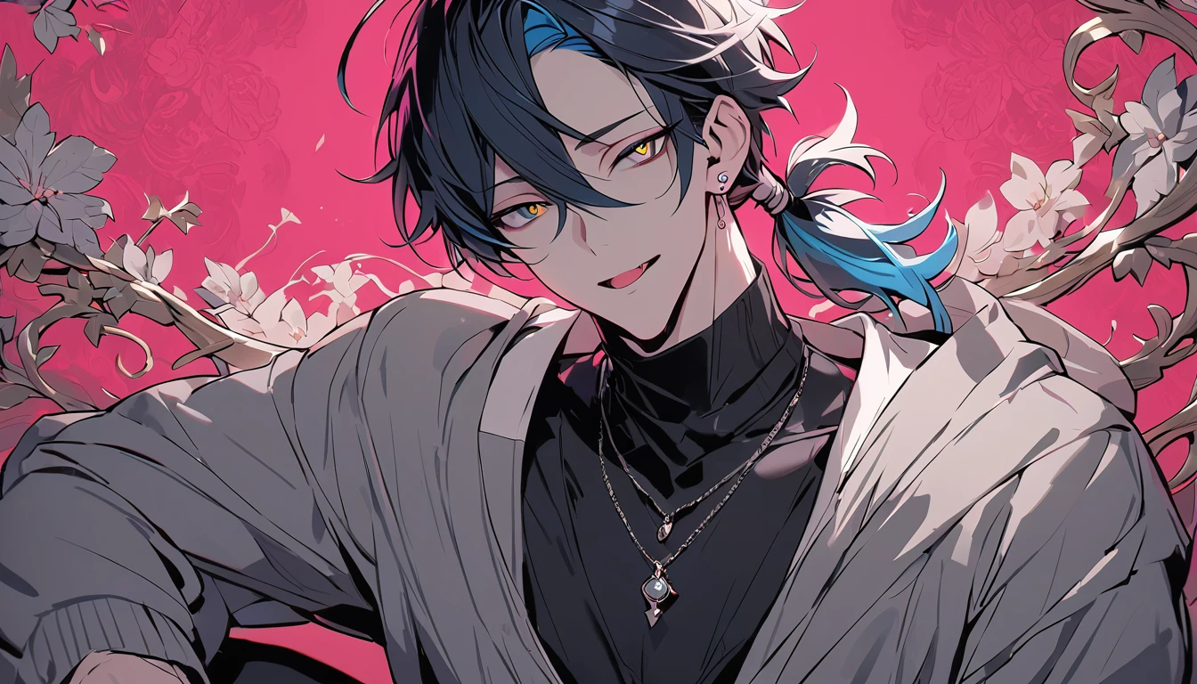 ((((best masterpiece, best quality, wallpaper,)))) solo, guy, male body, small muscles, flat chest, 1male, 30 years old, handsome man, dramatic angle, upper body, looking at viewers, beautiful detailed, seductive smile, mediumturquoise hair, ((((Lower short ponytail)))), asymmetrical bangs, ((short hair,)) ((( jitome, gold eyes, ^o^, tareme, droopy eyes,))) (((perfect face, extremely detailed eyes,))) perfect hands, sharp nose, clear face, black turtleneck, grey cardigan, ((silver piercing, pendant,)) leggings, pink background color ultrasharp, 8K, masterpiece,