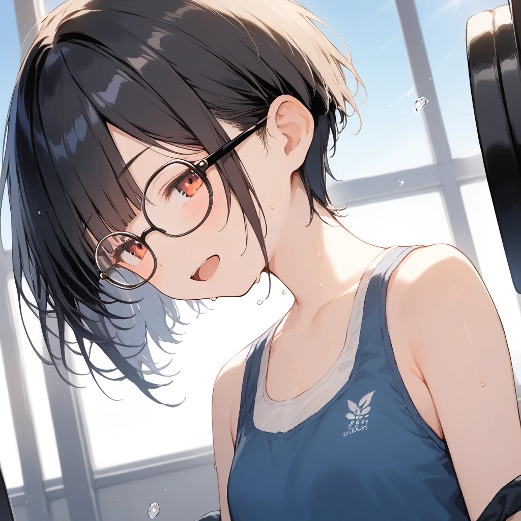 score_9, score_8_up, score_7_up, source_anime, best quality, masterpiece, official art, absurdres, highres, ultra-detailed,waifu2x,Collection: Slice of Life,break,1girl, very short hair,pixie cut, long bangs, glasses, uniform, small breasts, sweat, open mouth, (wavy mouth:0.3), indoors, gym, summer, break,(clear line illustration:1.2),very high resolution, very aesthetic, super detailed skin, Best sexual lighting powered by famous artist, 8k,cute picture,beauty illustration,photoshop_(medium),,(Detailed Lighting),best anime 8k konachan wallpaper, pixiv contest winner,