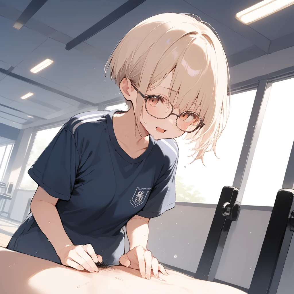 score_9, score_8_up, score_7_up, source_anime, best quality, masterpiece, official art, absurdres, highres, ultra-detailed,waifu2x,Collection: Slice of Life,break,1girl, very short hair,pixie cut, long bangs, glasses, uniform, small breasts, sweat, open mouth, (wavy mouth:0.3), indoors, gym, summer, break,(clear line illustration:1.2),very high resolution, very aesthetic, super detailed skin, Best sexual lighting powered by famous artist, 8k,cute picture,beauty illustration,photoshop_(medium),,(Detailed Lighting),best anime 8k konachan wallpaper, pixiv contest winner,