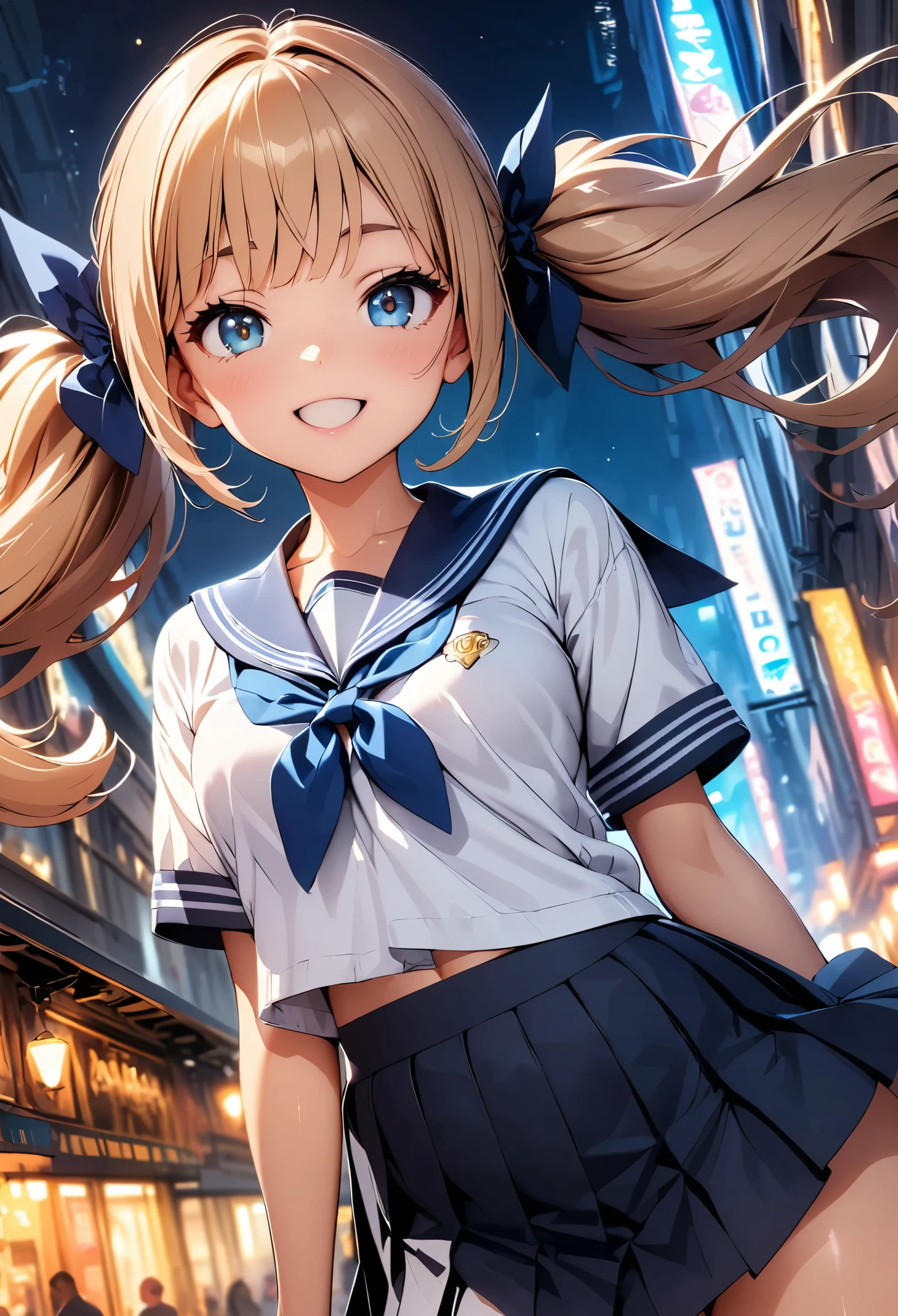 (Highest quality:1.24, Very detailed, Delicate and beautiful CG art, Detailed illustrations, High detail, masterpiece:1.2, Highest quality, Best aesthetics), (((1 Girl))), JK, Sailor suit, Pleated skirt, Open your mouth a little:1.2, smile, (Light brown hair, Voluminous twin tails), Low angle shot:1.1, Friendly atmosphere, Beautiful Hair, Shiny Hair, Beautiful Skin, Detailed face and eyes, Glossy Lips, Curvy Women, bustling street:1.2, night, Squat:1.4, City lights, Light and shadow with attention to detail, Background Blur.