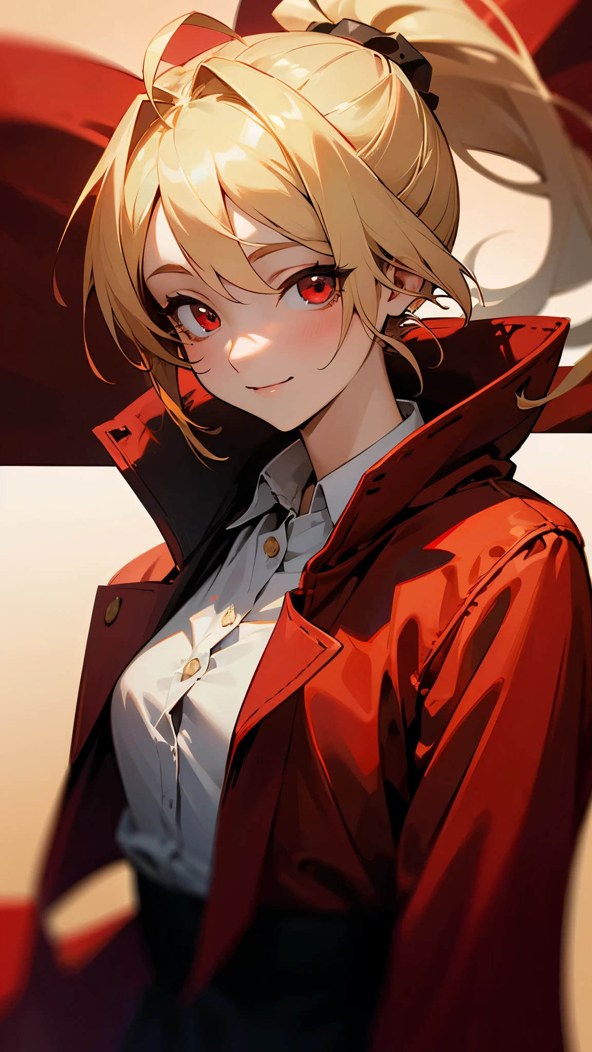 1 Girl、Sharp focus、(Bokeh) (Highest quality) (Detailed skin:1.3) (Intricate details) (anime)、 age、Blonde ponytail、Ahoge、Beautiful red eyes、smile、Red coat、White shirt、Slender body、From the side、Upper body close-up、Golden Hour Sky