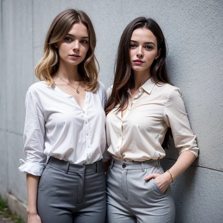 arafed woman in a white shirt and grey pants standing in front of a blue wall, kirsi salonen, magdalena andersson, wearing a blouse, magdalena radziej, wearing a white blouse, moleksandra shchaslyva, niele toroni, photo of džesika devic, serena malyon