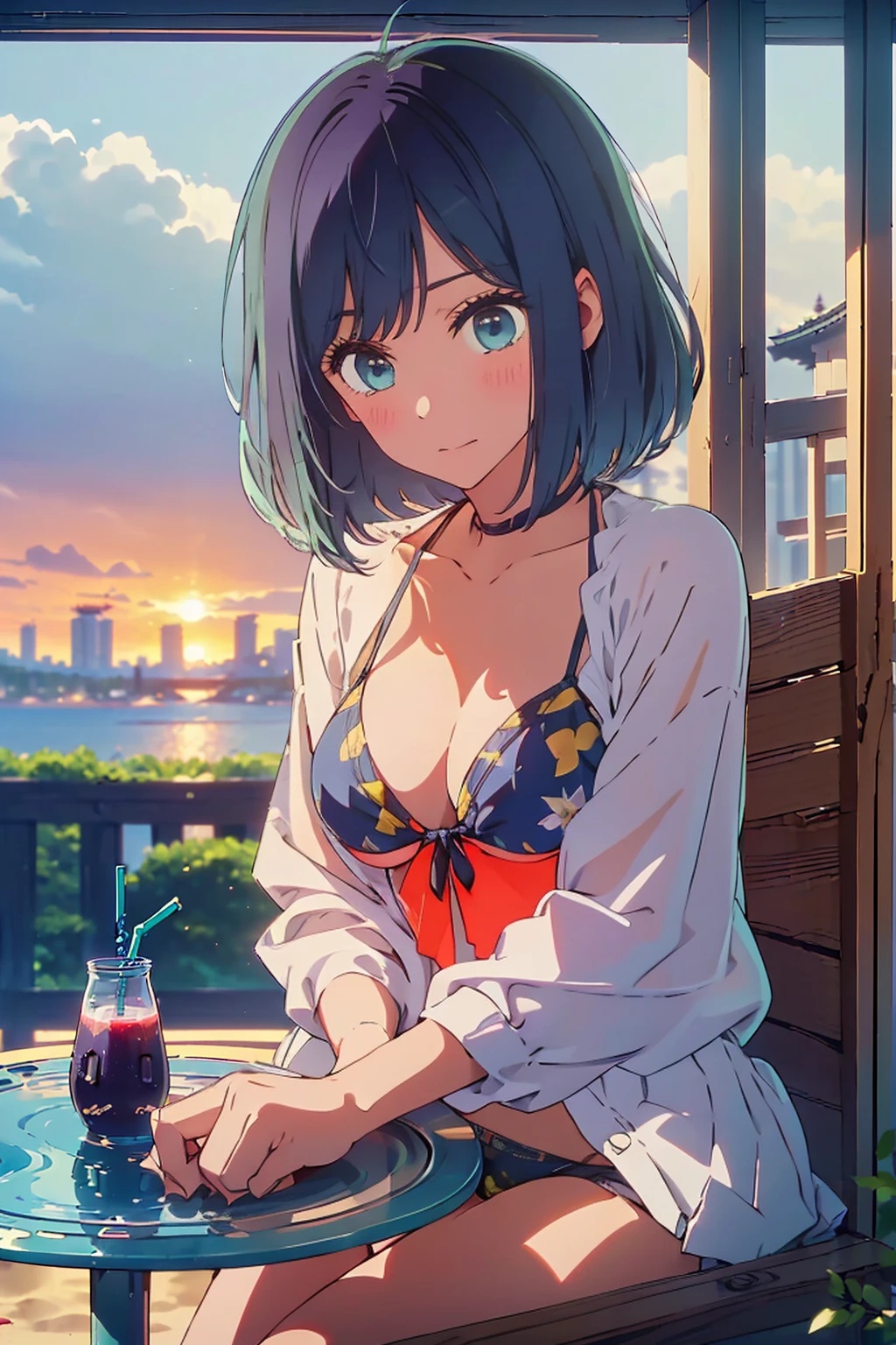 (Highest quality:1.4、masterpiece:1.4、Super detailed:1.4、8K:1.4)、F cup bust、Big Breasts、Slim body、((((1 person、sit、In the background are the urban buildings of Tokyo、looking at the camera、Outdoor café terrace、coastal、Navy hair color、juice、table、Sunset Beach、sunset、juiceのグラスを持つ、Very cute face))))、((((bikini))))、Big eyes、((((Shallow depth of field))))