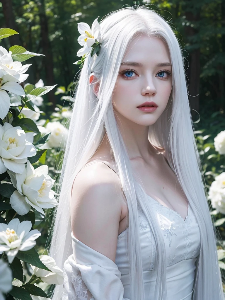 Long white hair, blue eyes, serious features, white skin, loose style, in a garden, with flowers , in the forest , killer frost the flash