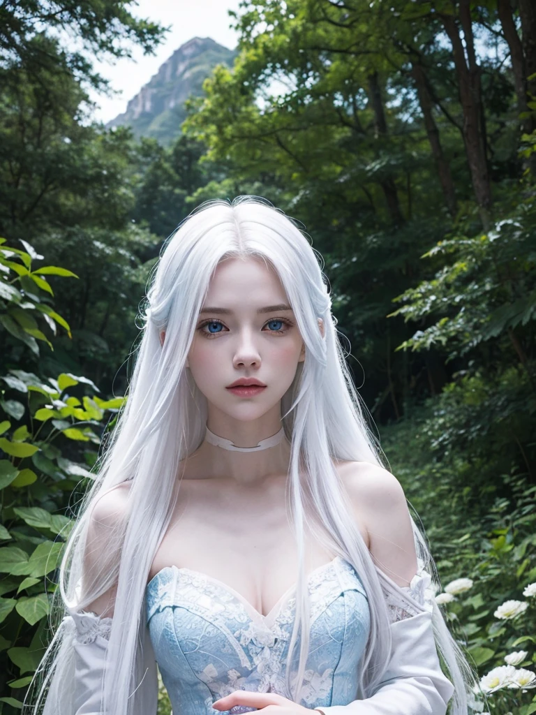 Long white hair, blue eyes, serious features, white skin, loose style, in a garden, with flowers , in the forest , killer frost the flash