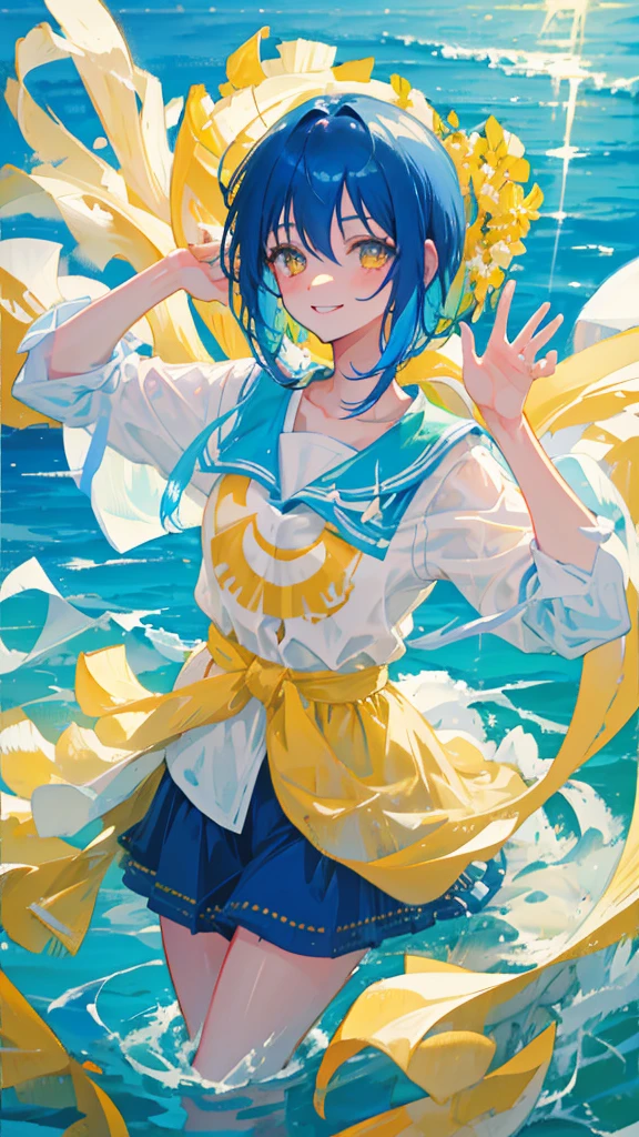 Blue hair, bob hair, Yellow eyes,water splash,smile,sea