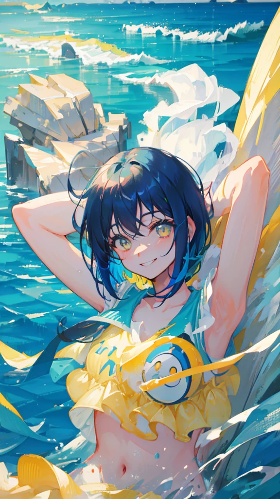 Blue hair, bob hair, Yellow eyes,water splash,smile,sea