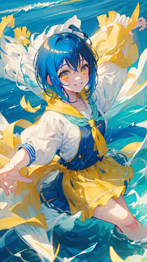 Blue hair, bob hair, Yellow eyes,water splash,smile,sea
