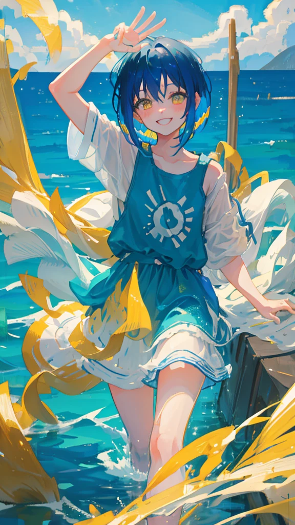 Blue hair, bob hair, Yellow eyes,water splash,smile,sea