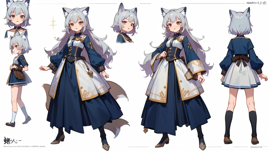 ((masterpiece, Highest quality)), ((tsurime)),Detailed face, Character Sheet, Full Body Lesbian, One girl,show,Full of details, Various poses and expressions, Very detailed, depth, A graceful wild fox girl with mostly silver hair, Sparkling eyes, Delicate skin, 青い髪のYouTuberCharacter Sheet, whole body, sexy