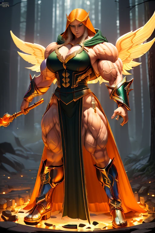 ((((Massive, tall, beautiful, buff, muscular pale white skinned woman mage with orange hair, huge angel wings, ginormous bulky muscles, holding a earth mage staff and wearing a beautiful hooded black enchanted robe with long long skirt)))), (close-up view), vascular, massive muscle, massive biceps, hyper muscle shoulders, hyper muscle triceps, (shaggy bob cut), green eyes, (wearing a long extremely intricate robes, long magical robes), (black mage boots), smirk, black gauntlets, (in a earthly forest), evening, Vascular arms, hyper vascular arm, hyper muscles arms, hyper muscle legs, massive arms.