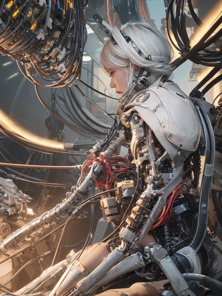 ((((masterpiece))), ((best quality))), ((ultra-detailed)), (CG illustration), ((an extremely delicate and beautiful)),(from side),cinematic light, ((1 mechanical girl)), single, full-body, (machine-made joint: 1.2), ( (mechanical limbs)), (blood vessels connected to tubes), (mechanical spine connected to back), ((mechanical cervical vertebrae attached to neck)), (sitting), forced laughter, (wires and cables around the neck: 1.2), (wires and cables on the head: 1.2) (character focus), sci-fi, extremely thin, colored, the finest white hair, red eyes, in battle, (knotted), (killing), (1 immortal)