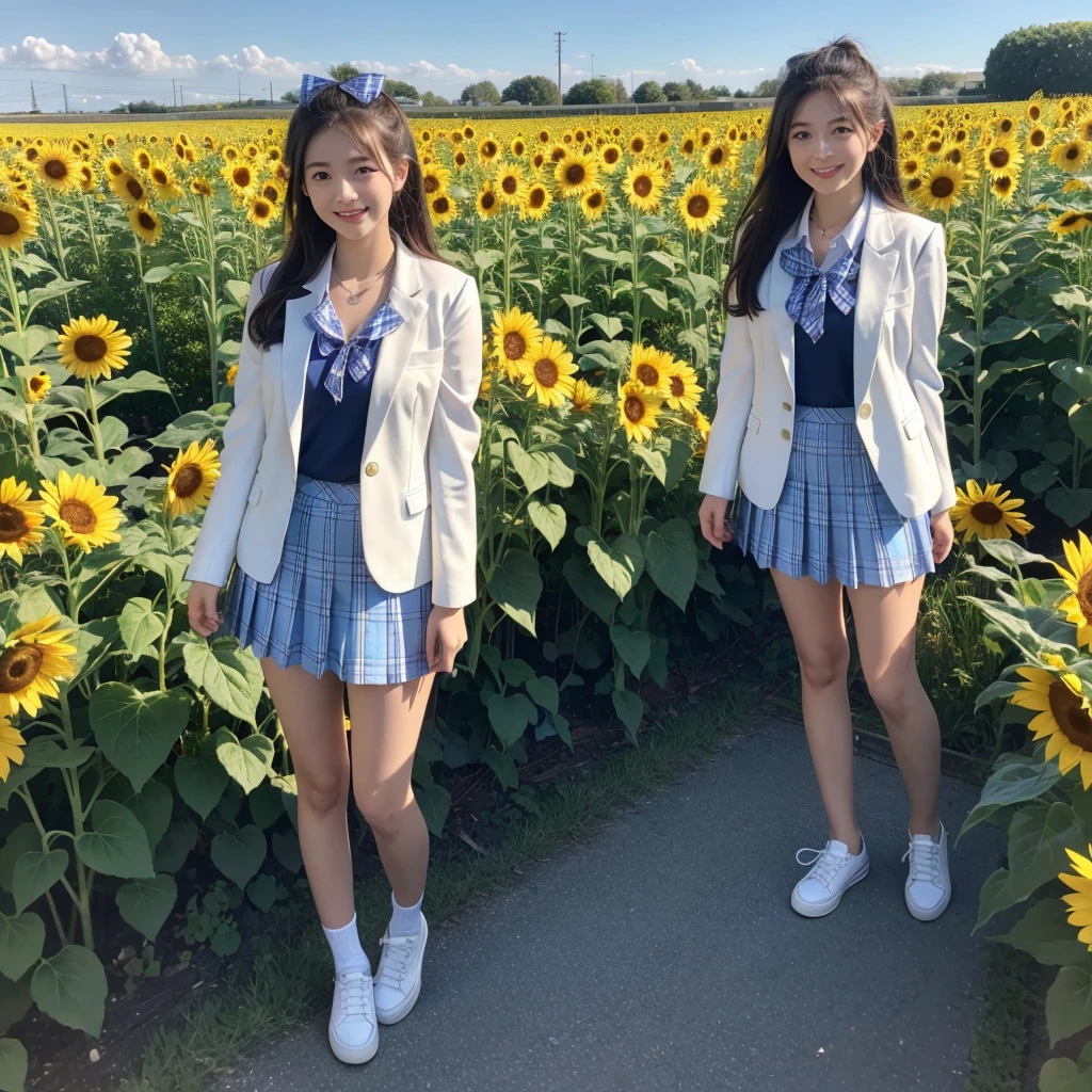 8K、RAW Photos、Highest quality、Super detailed、Super Resolution、Ultra HD、8K壁紙、Amazing details American blazer uniform girl ((White blouse with formal collar, Blue blazer, Blue plaid skirt, Red checkered ribbon on blouse)), Complete limbs, Full Finger, A large sunflower field in the countryside、Straight road、Walk through the sunflower field,smile、sun、School bag、Heart Necklace  (((Full body photo))) ((Blue sky))

