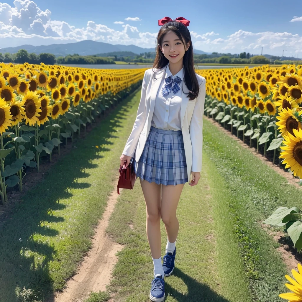 8K、RAW Photos、Highest quality、Super detailed、Super Resolution、Ultra HD、8K壁紙、Amazing details American blazer uniform girl ((White blouse with formal collar, Blue blazer, Blue plaid skirt, Red checkered ribbon on blouse)), Complete limbs, Full Finger, A large sunflower field in the countryside、Straight road、Walk through the sunflower field,smile、sun、School bag、Heart Necklace (((Full body photo))) ((Blue sky))